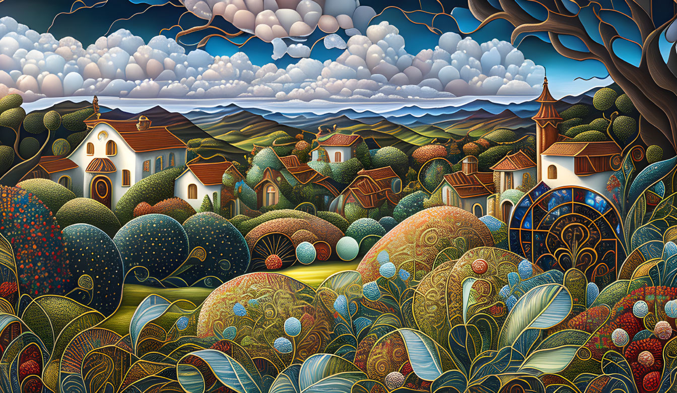 Colorful, stylized landscape with rolling hills and whimsical buildings