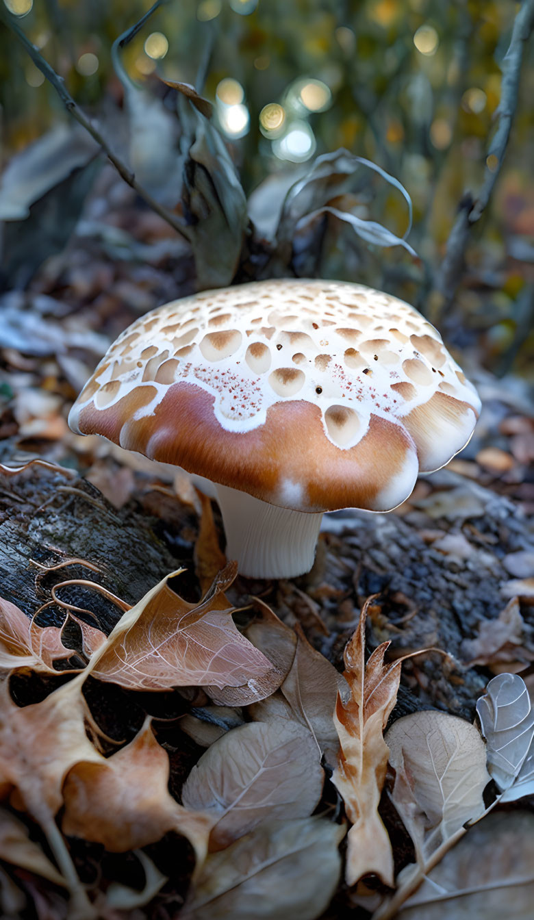 Speckled mushroom on log with autumn leaves and bokeh background