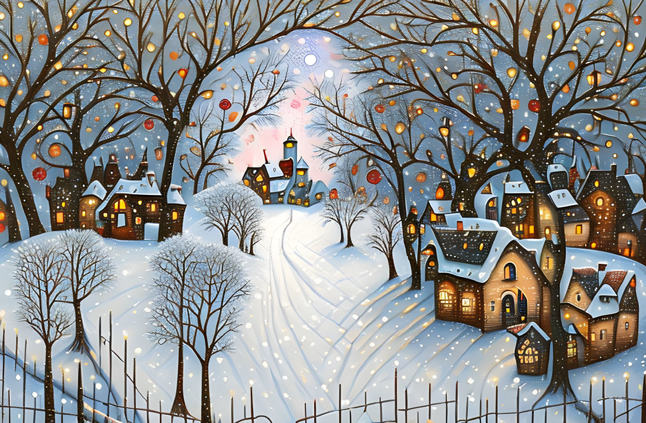 Snowy Winter Village with Cottages, Trees, Lanterns, Moon, and Snowflakes