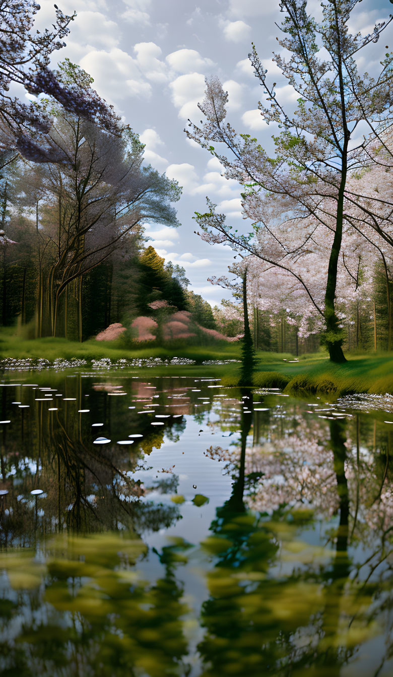 Serene pond with cherry blossom trees and reflections in lush green landscape