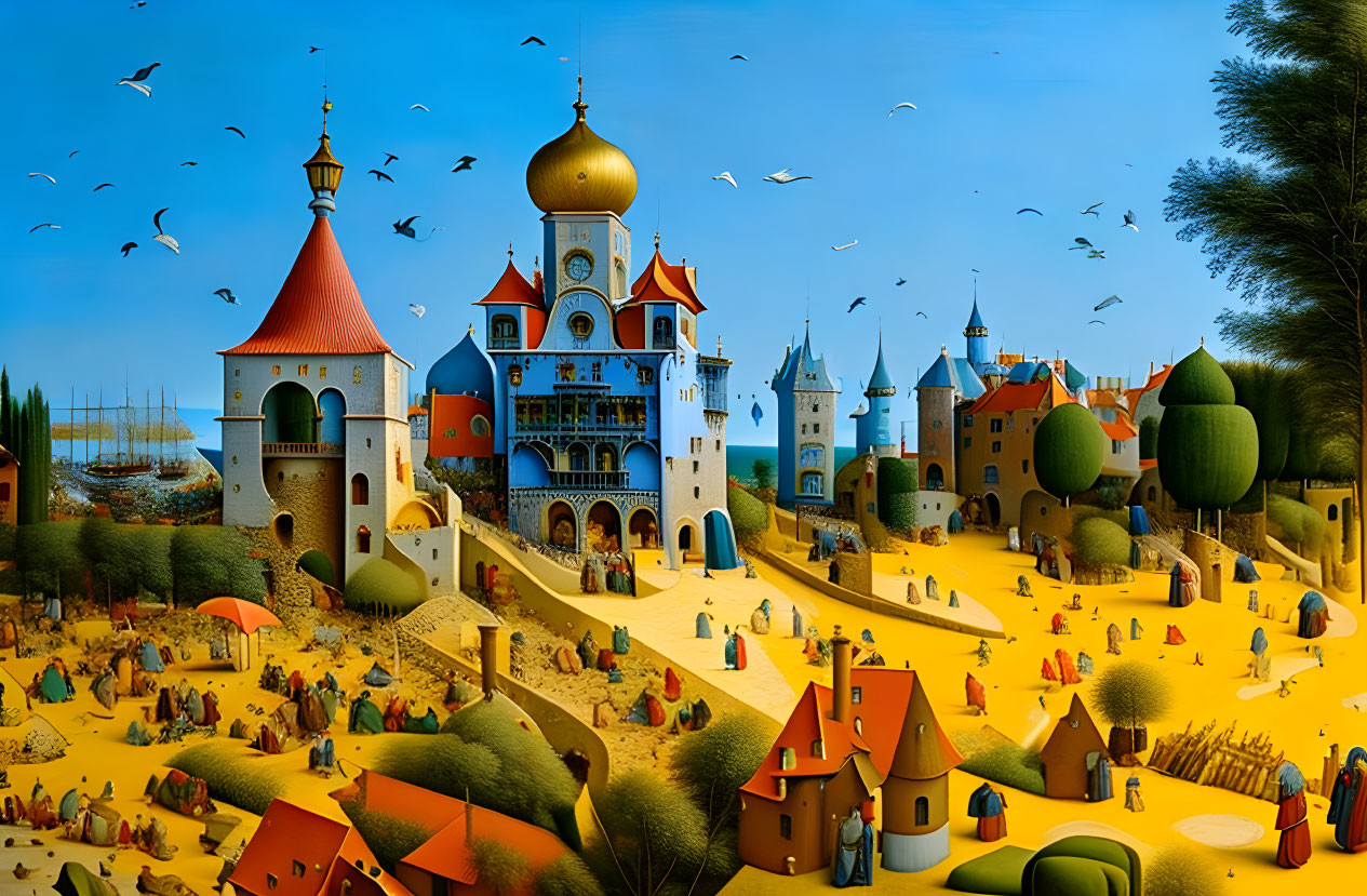 Fantastical castle and whimsical village in vibrant landscape