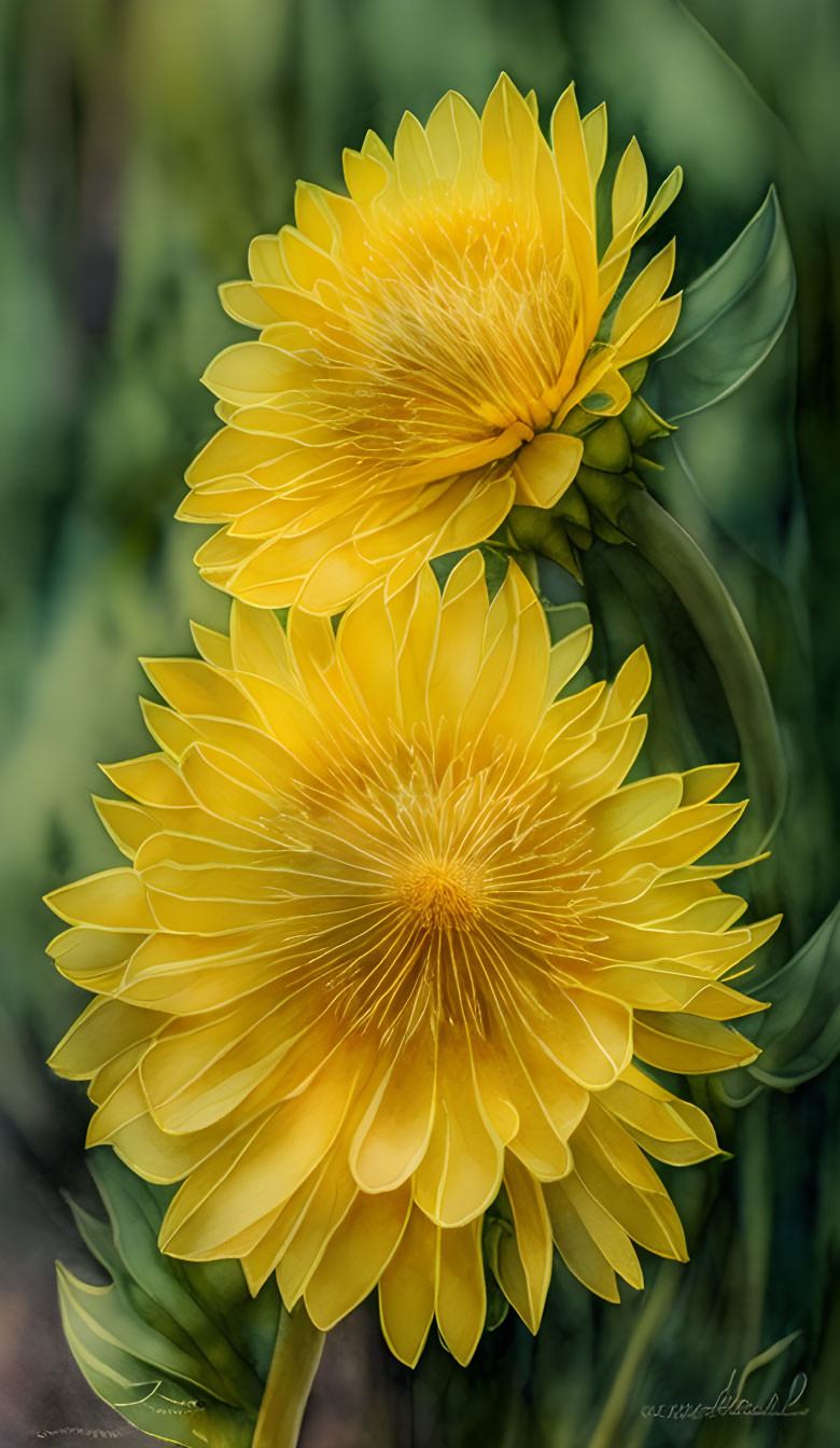 Vibrant Yellow Flowers with Layered Petals on Blurred Green Foliage