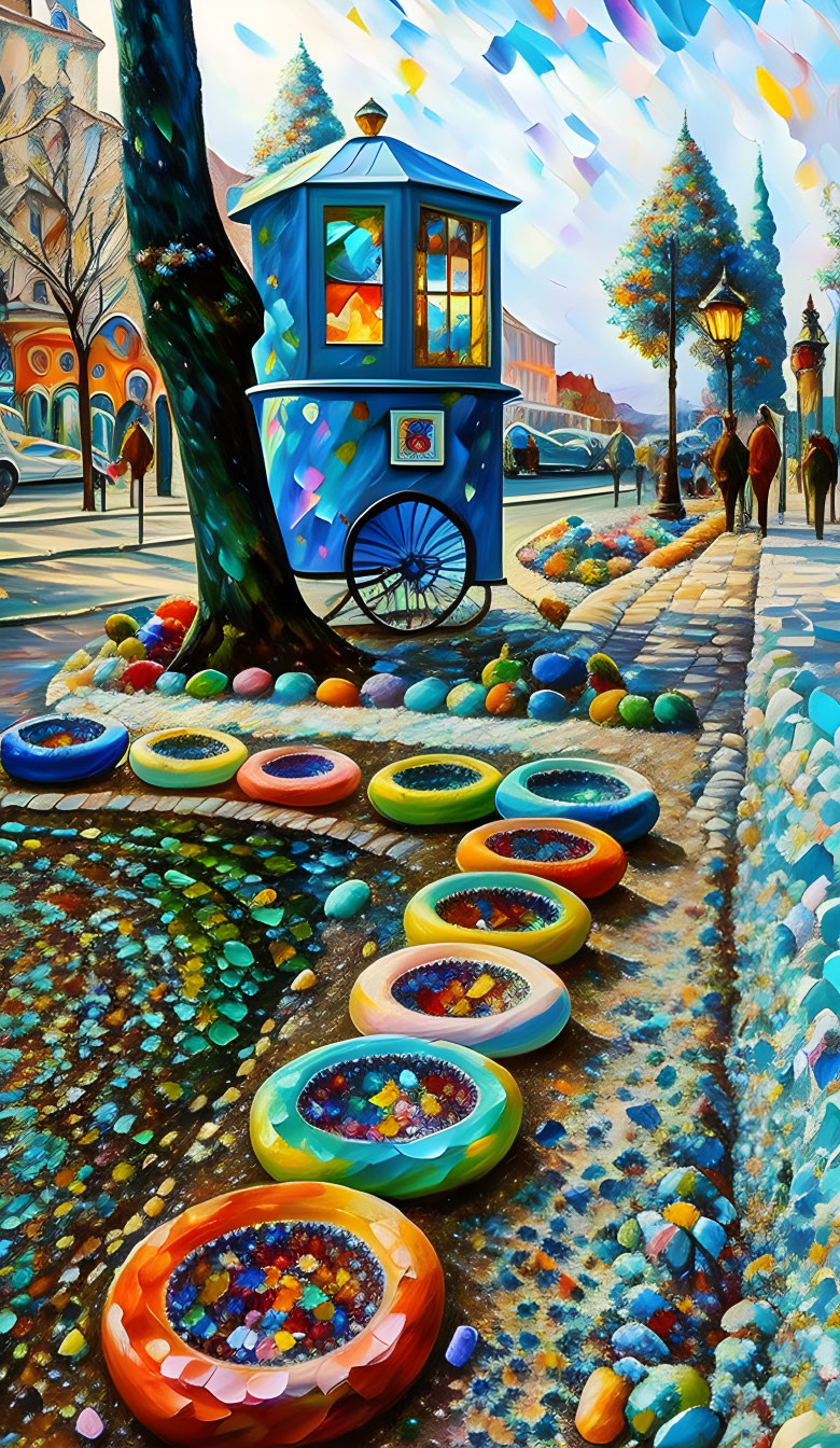 Colorful street scene with cart, mosaic bowls, pedestrians, tree, and geometric shapes.