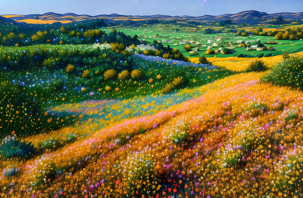 Scenic landscape with colorful hills and flower-covered valley