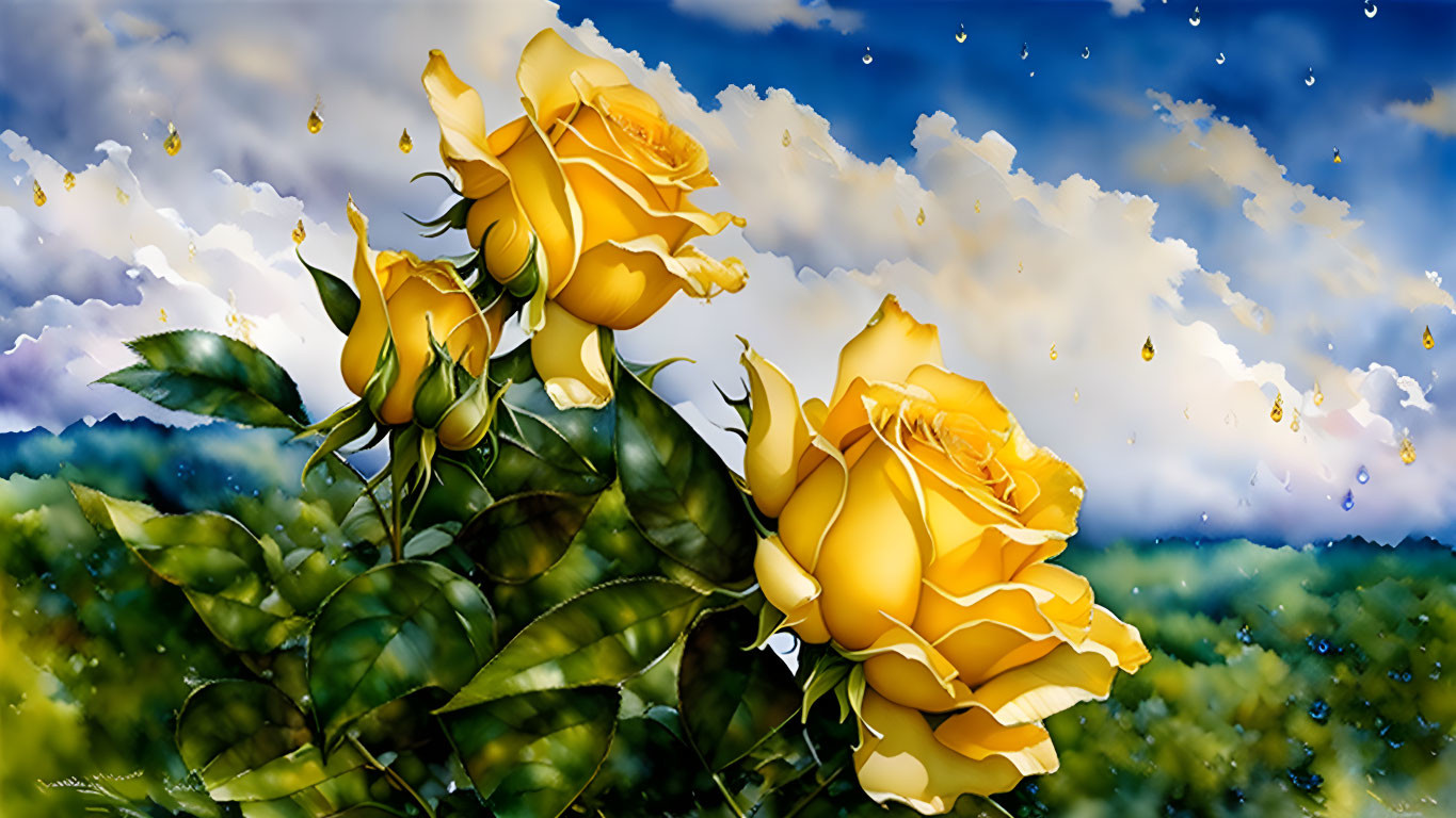 Bright yellow roses under dramatic sky with raindrops and sunlight.