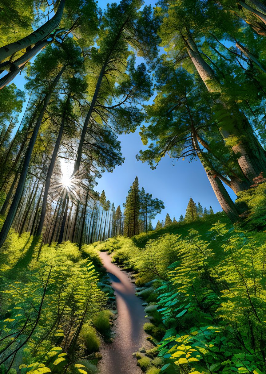 Lush Green Forest with Towering Trees and Radiant Sun