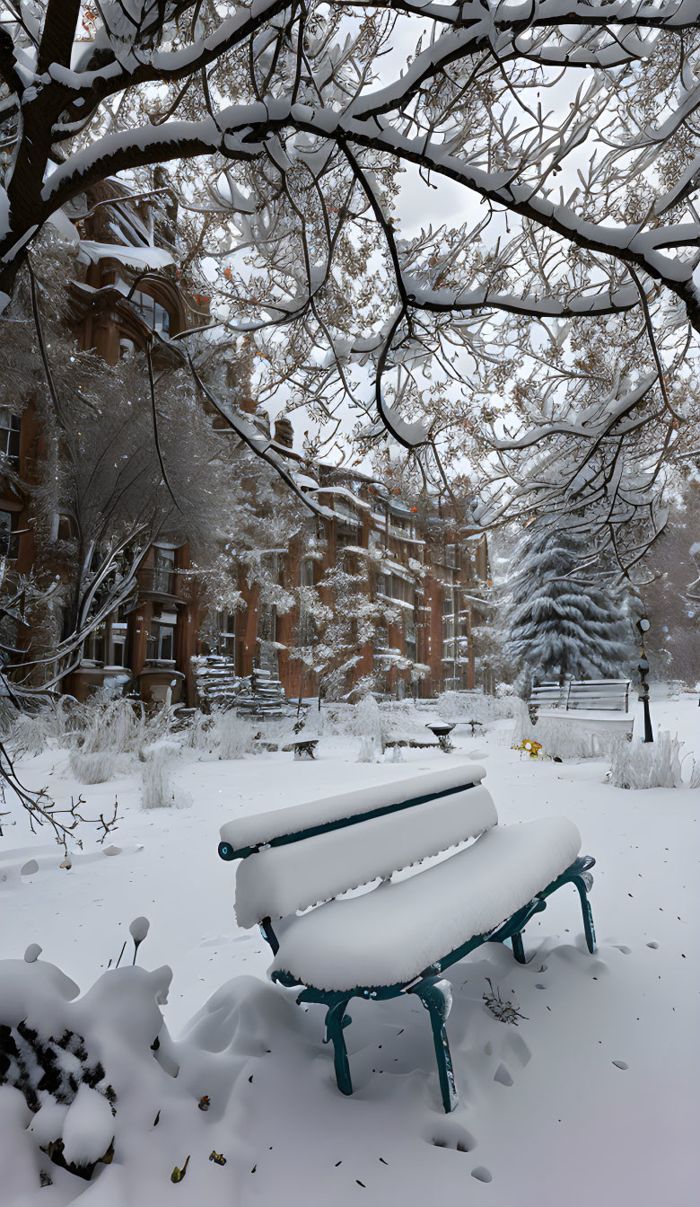 Snowy Scene: Bench, Red Brick Building, Snow-Laden Trees