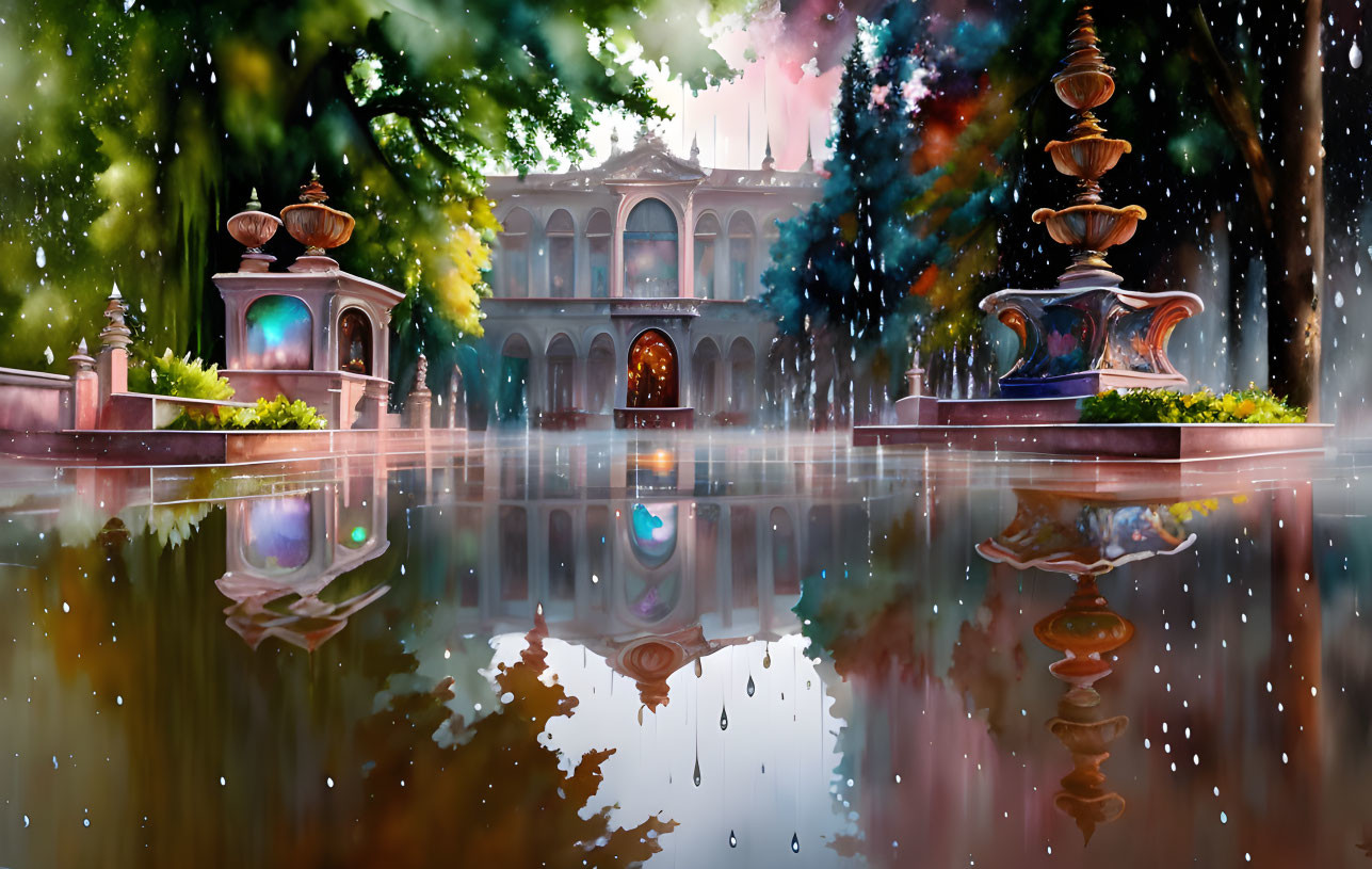 Ethereal garden with ornate fountains and grand building in multicolored rain