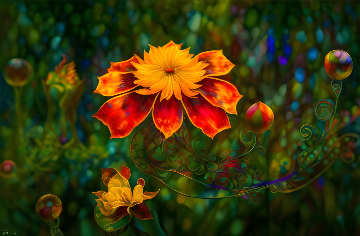 Colorful red and yellow flower with green swirls in mystical garden