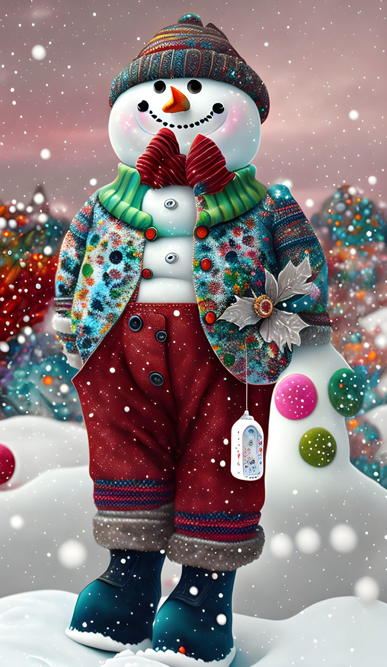 Colorful Snowman with Hat, Bowtie, and Floral Jacket in Snowy Landscape