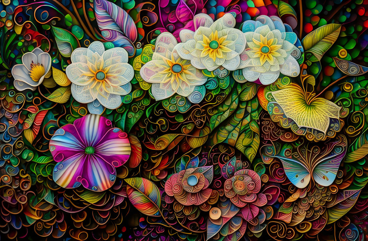 Colorful digital artwork: stylized flowers & foliage with intricate patterns