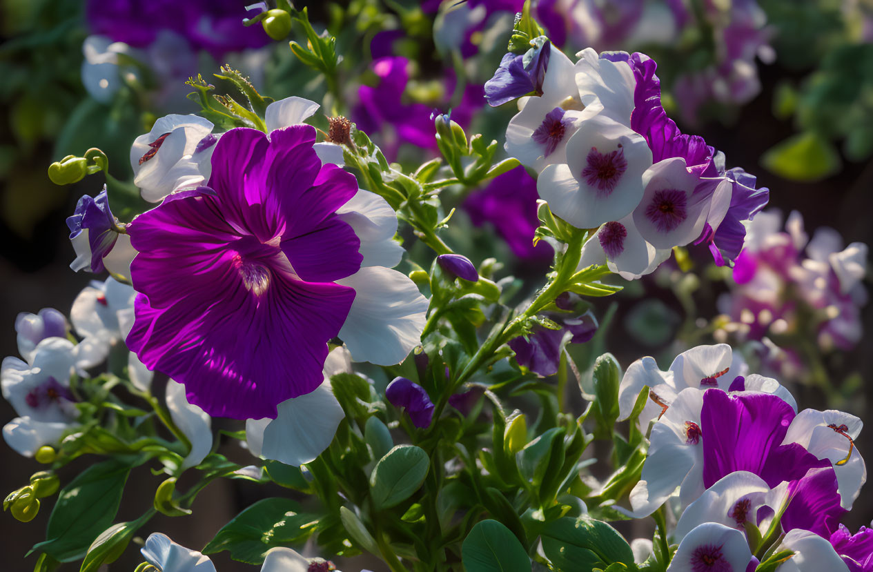 Purple and White Petunia Flowers in Sunlit Garden Blooms