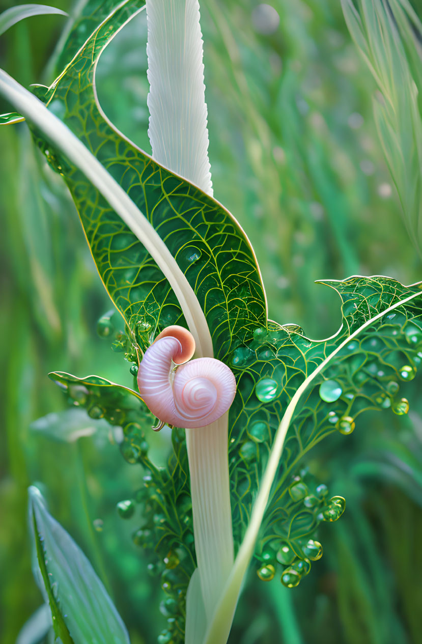 Pale Pink Snail on Vibrant Green Leaf in Garden