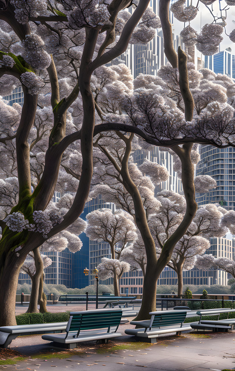 Tranquil park with flowering trees, benches, and modern high-rise buildings in mist.