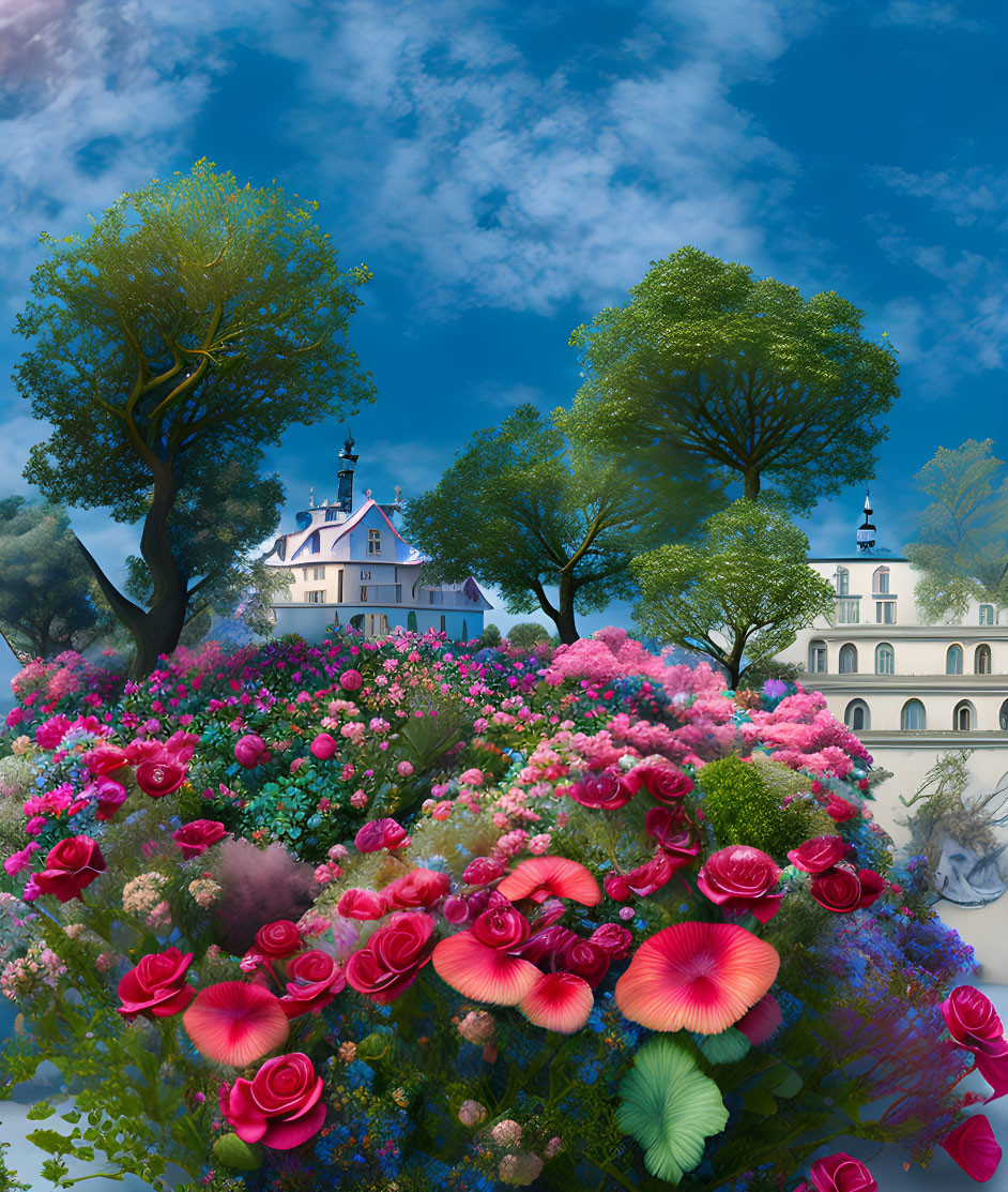 Colorful Flowers and White Houses in Digital Art