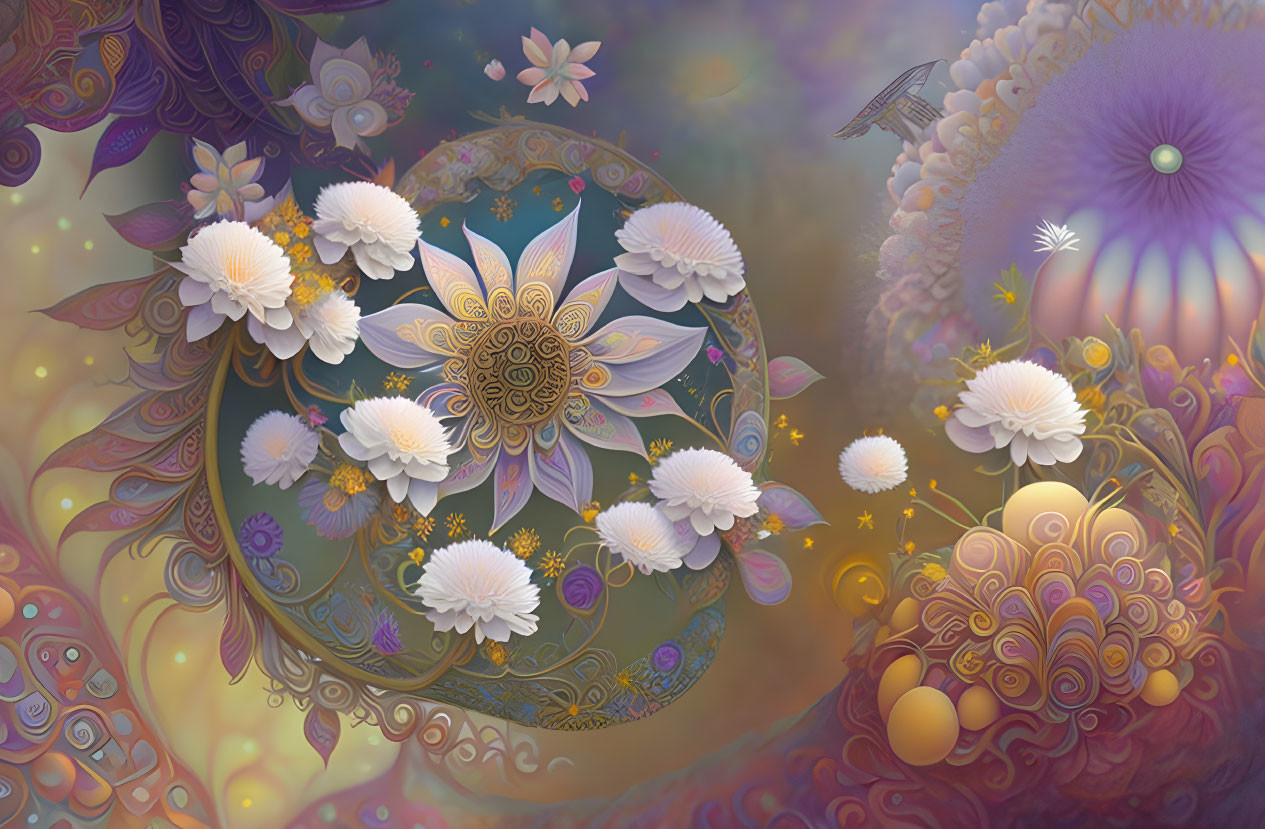 Vibrant white flower bouquet with golden centers in whimsical digital art