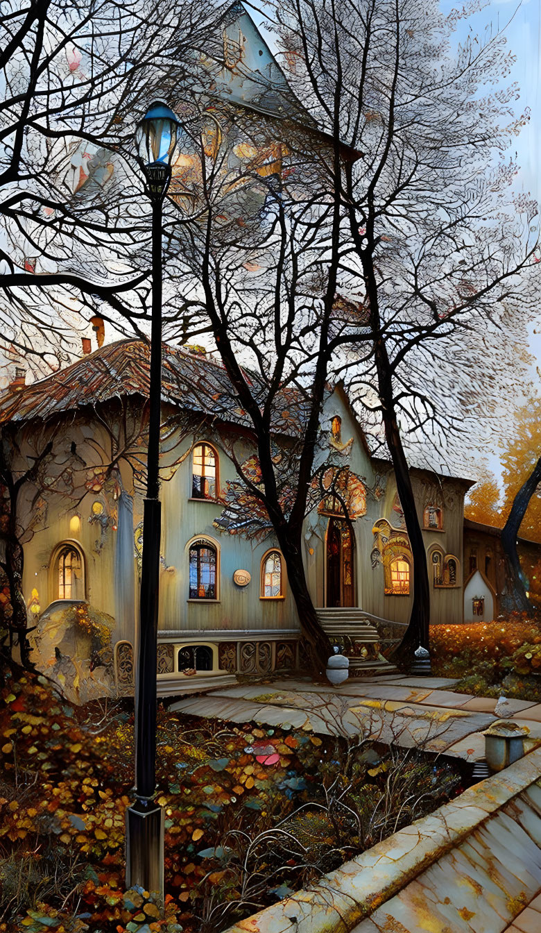 Quaint house illustration with ornate windows and autumn foliage