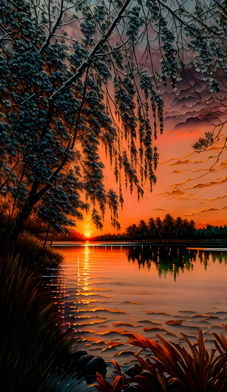 Serene lake sunset with orange and pink hues, silhouetted trees, and gentle reflection