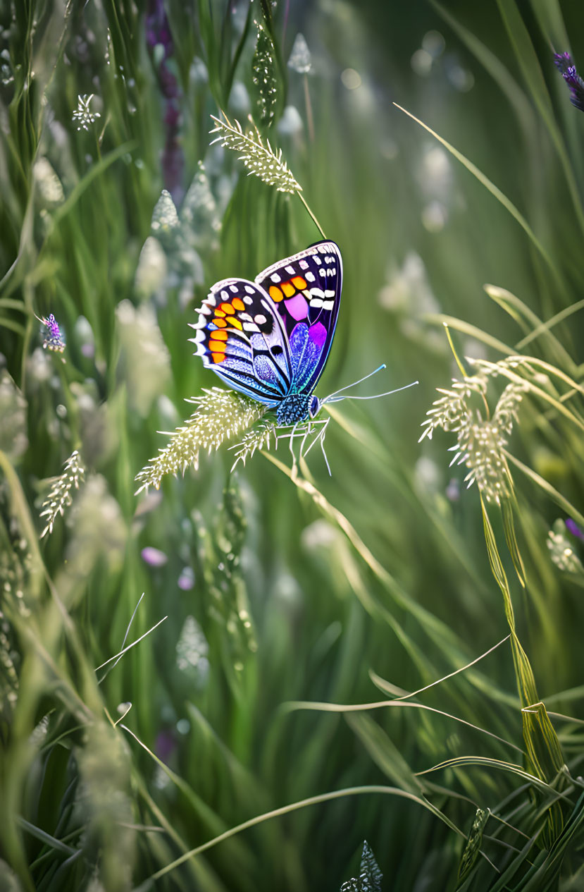 Colorful Butterfly Resting on Green Grass Amidst Purple Flowers