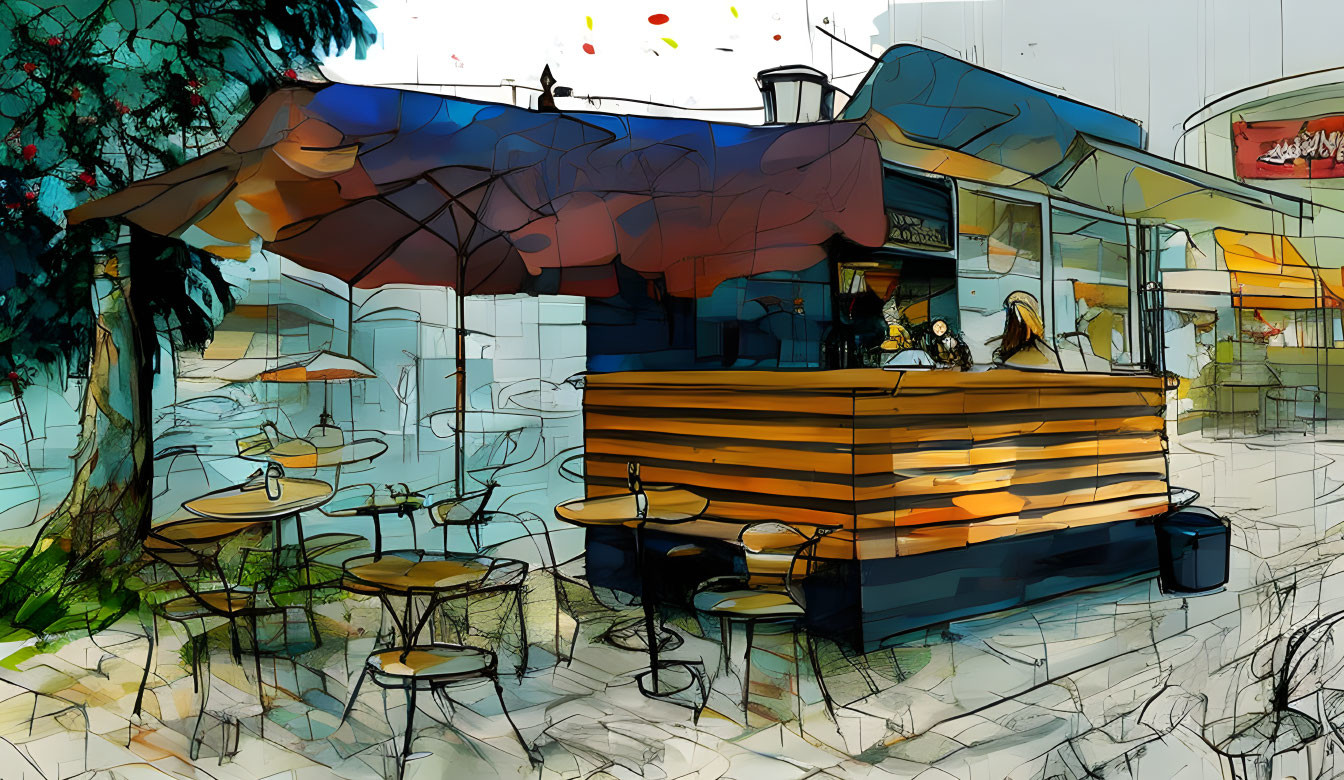 Colorful outdoor café illustration with umbrellas and patrons.