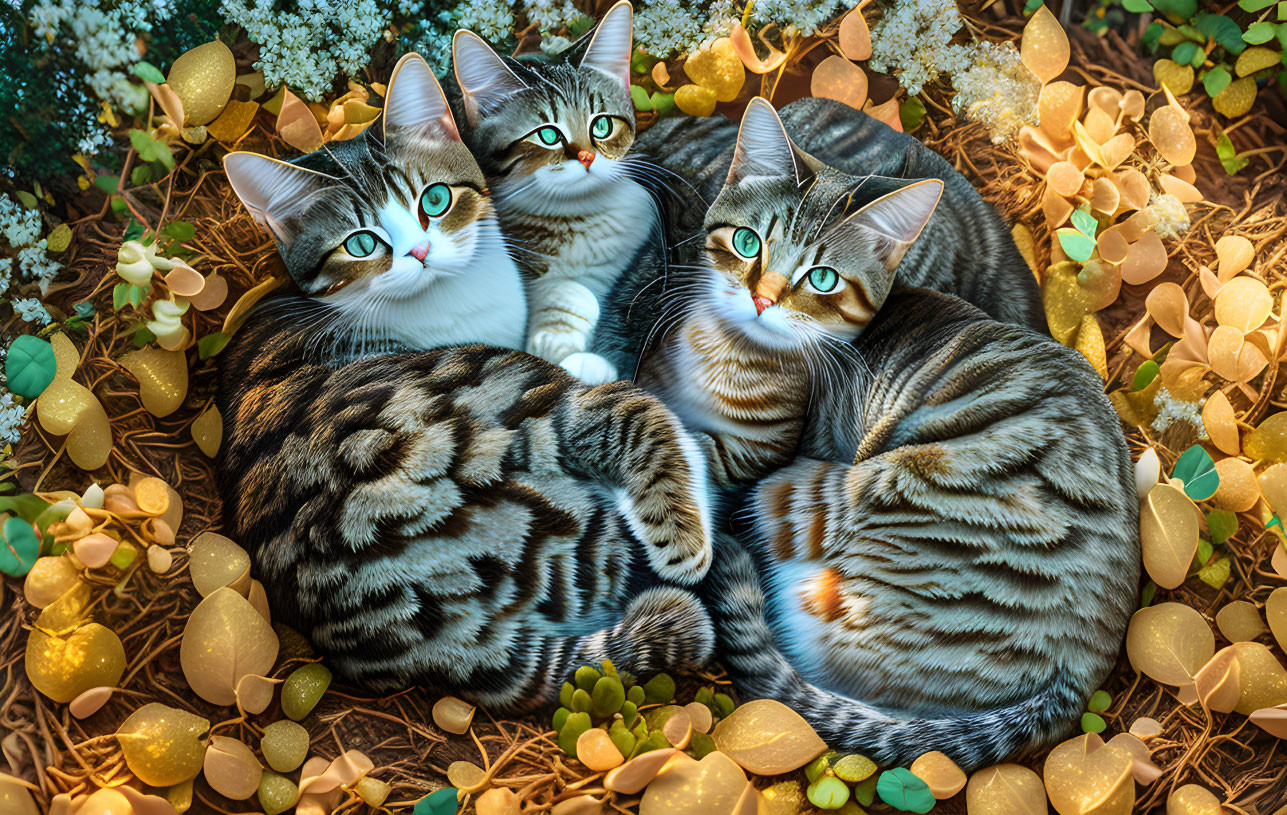 Three cats with unique striped fur patterns in a botanical setting with decorative light orbs.