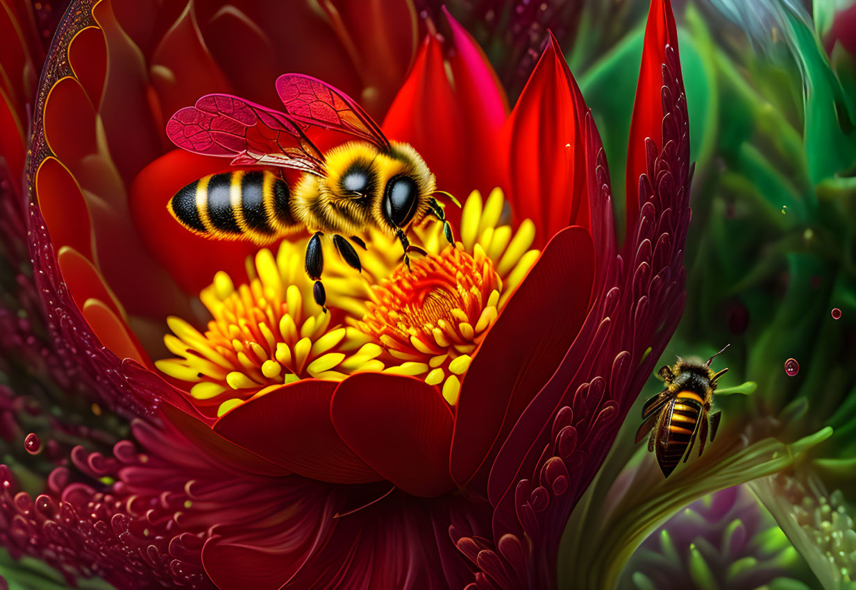 Detailed Illustration: Bees Pollinating Red and Yellow Flowers