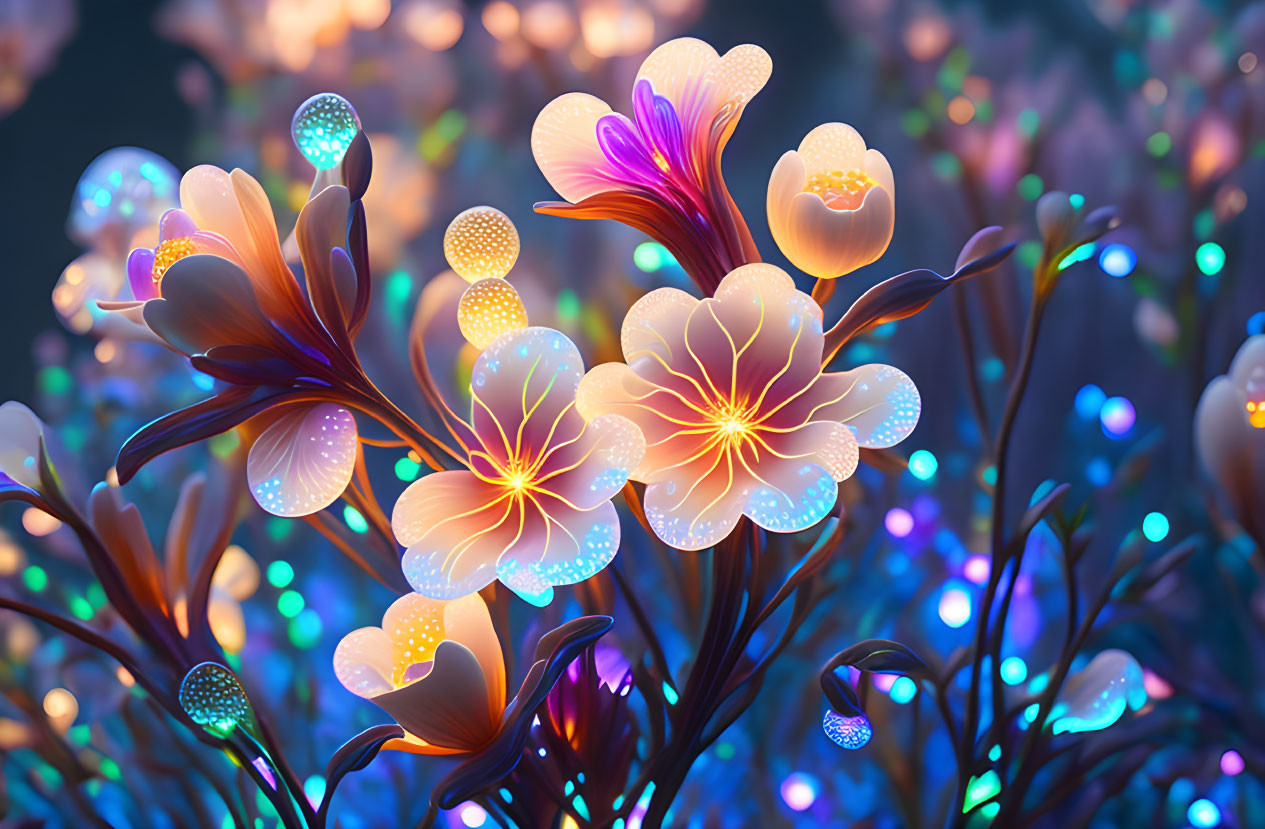 Colorful Digital Art: Luminescent Flowers on Dark Background