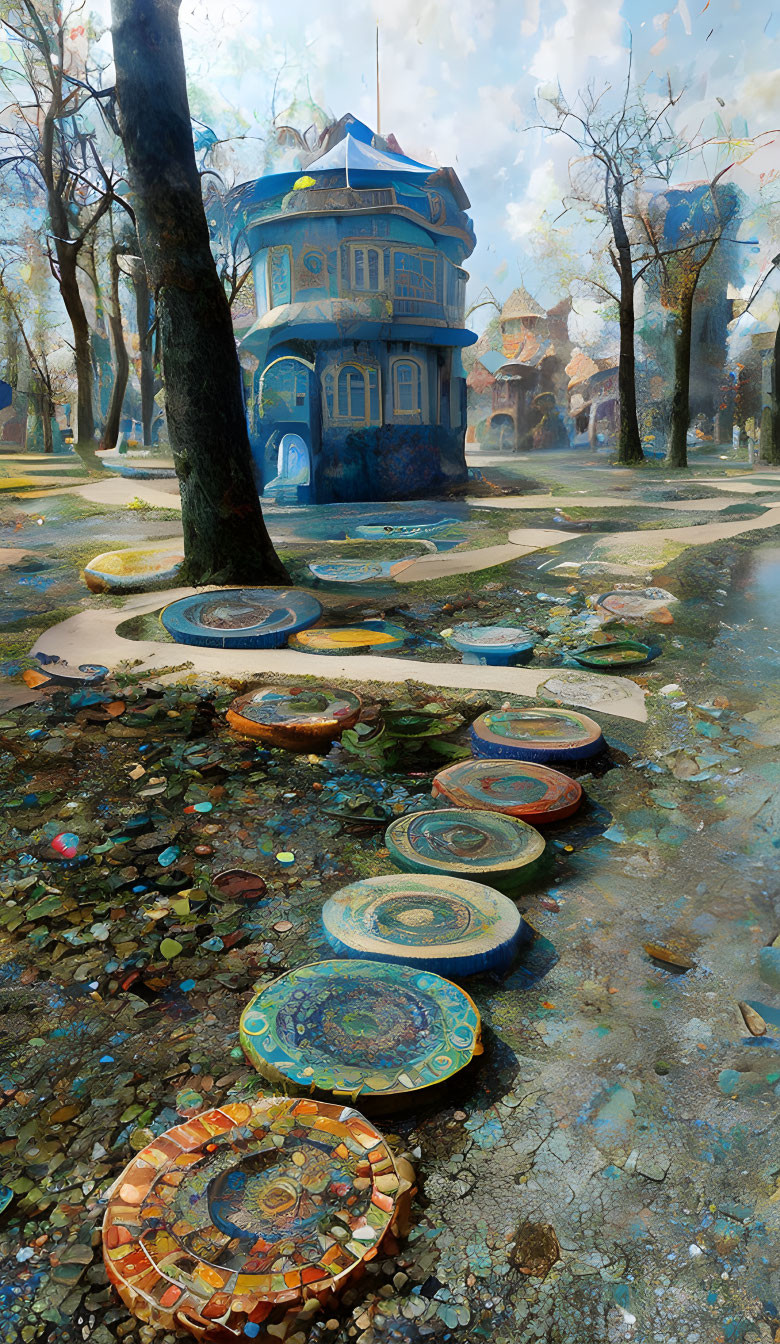 Colorful digital artwork: Vibrant blue Victorian house in autumn forest with mosaic stepping stones