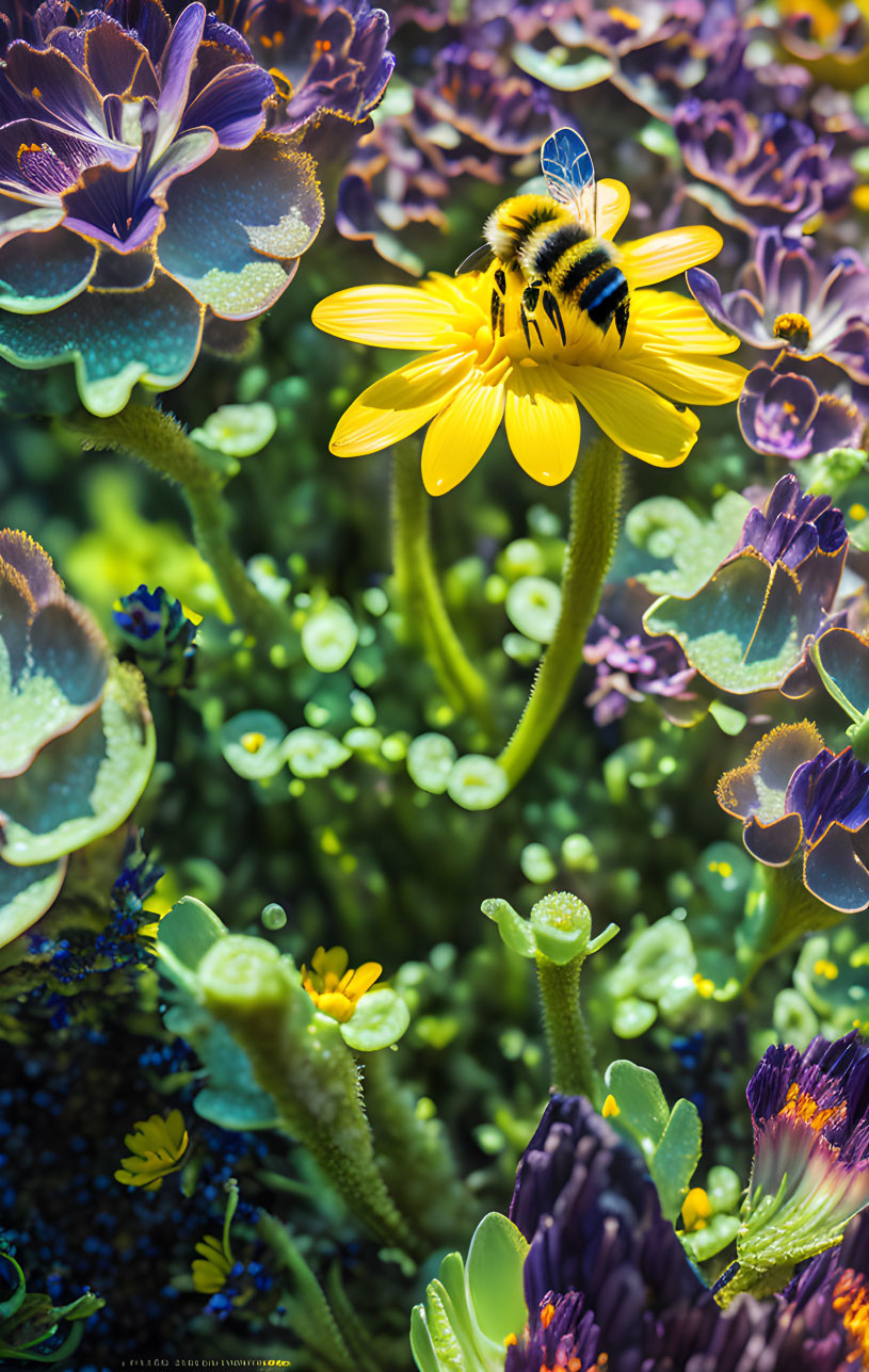 Bee collecting pollen on vibrant yellow flower with purple and green foliage