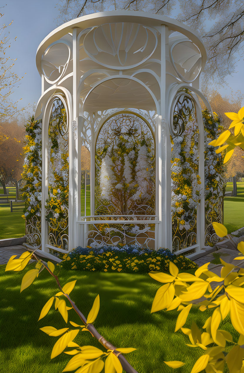 White Gazebo with Floral Decor in Lush Park Setting