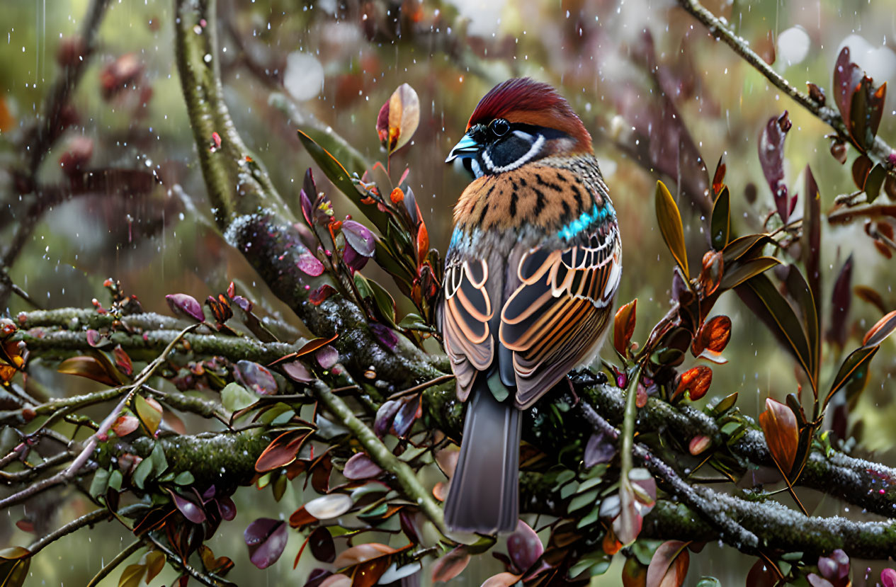 Colorful Bird Perched on Branch Among Vibrant Leaves and Raindrops