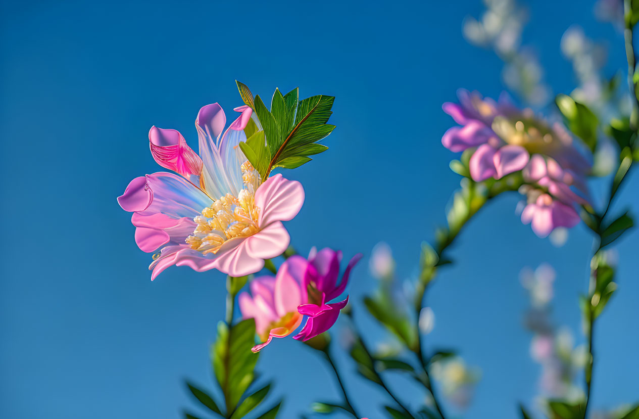 Vibrant pink flower with yellow stamens in green foliage under clear blue sky