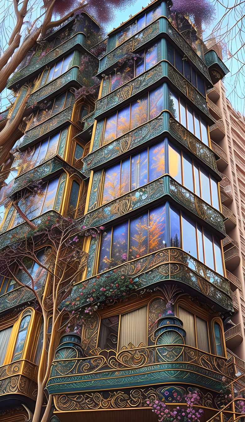 Intricate golden-framed building with lush greenery against cityscape