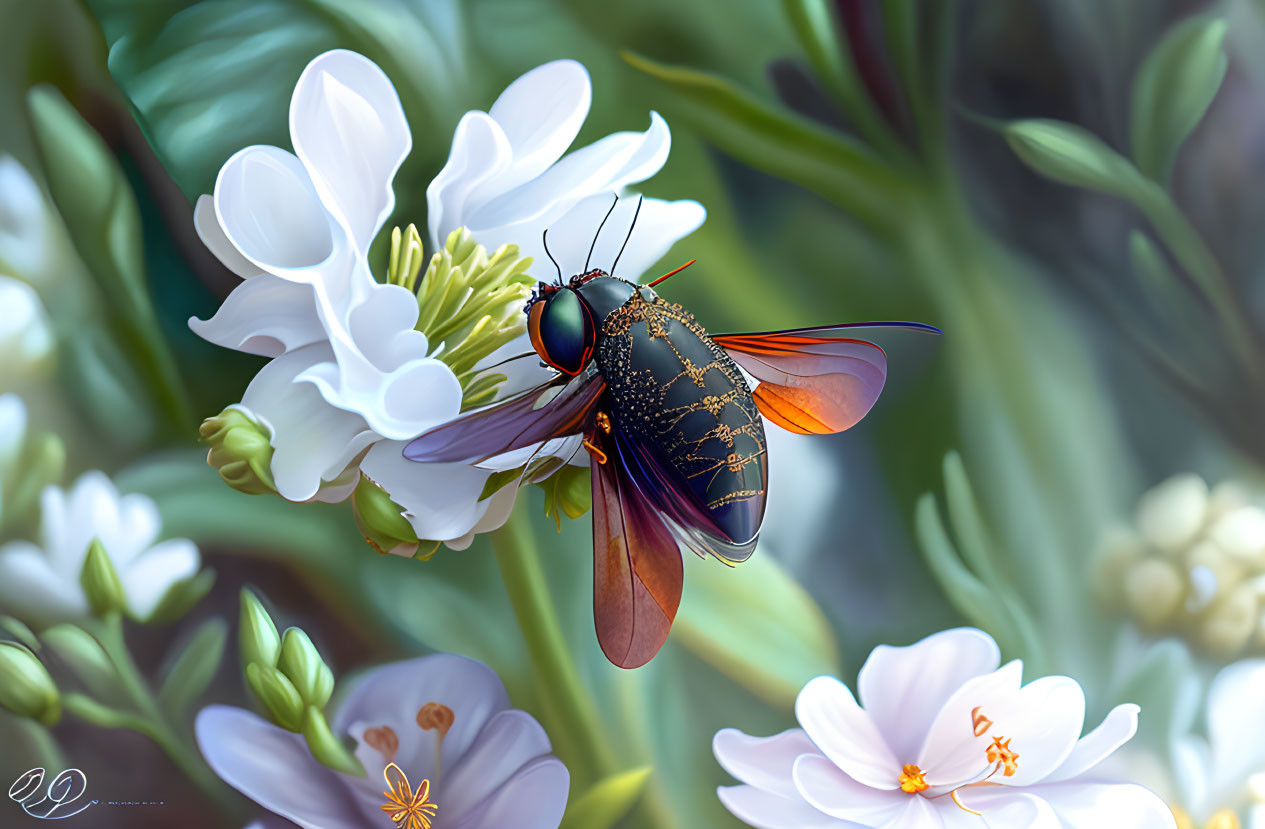 Colorful insect with orange wings on white and lilac flower in green setting