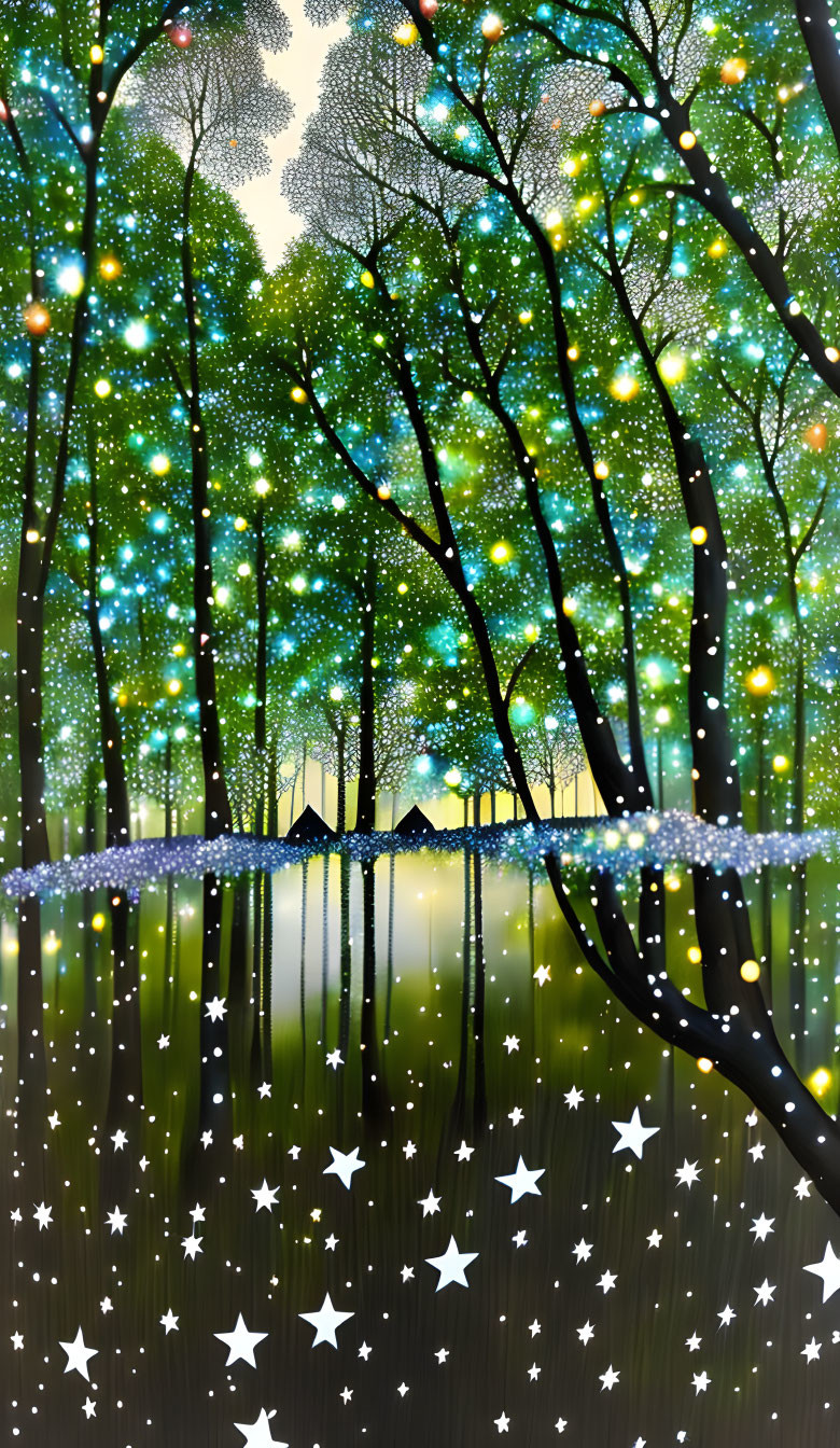 Whimsical starry night illustration with tree and star reflections.