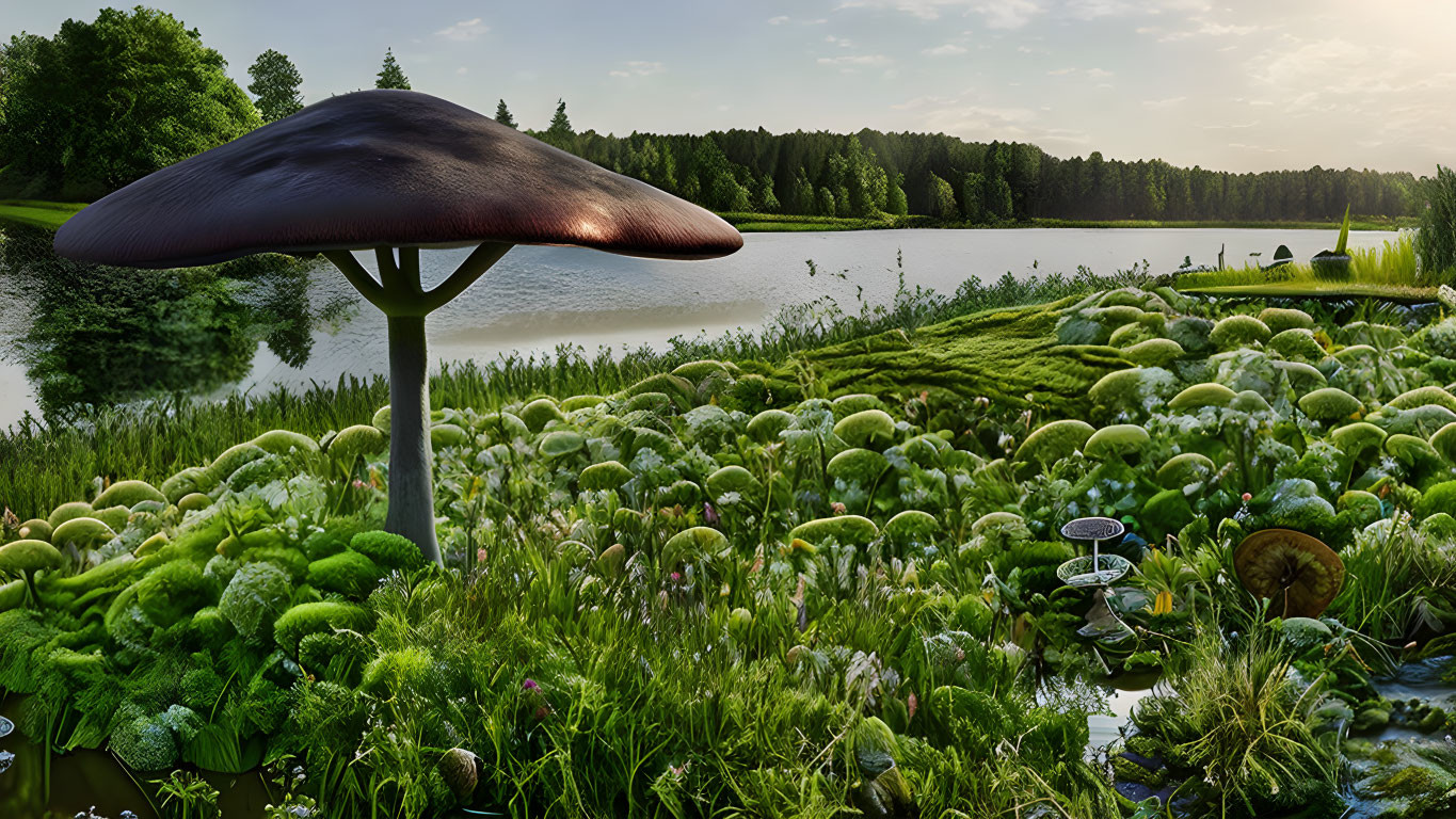 Oversized mushroom in surreal landscape near lake