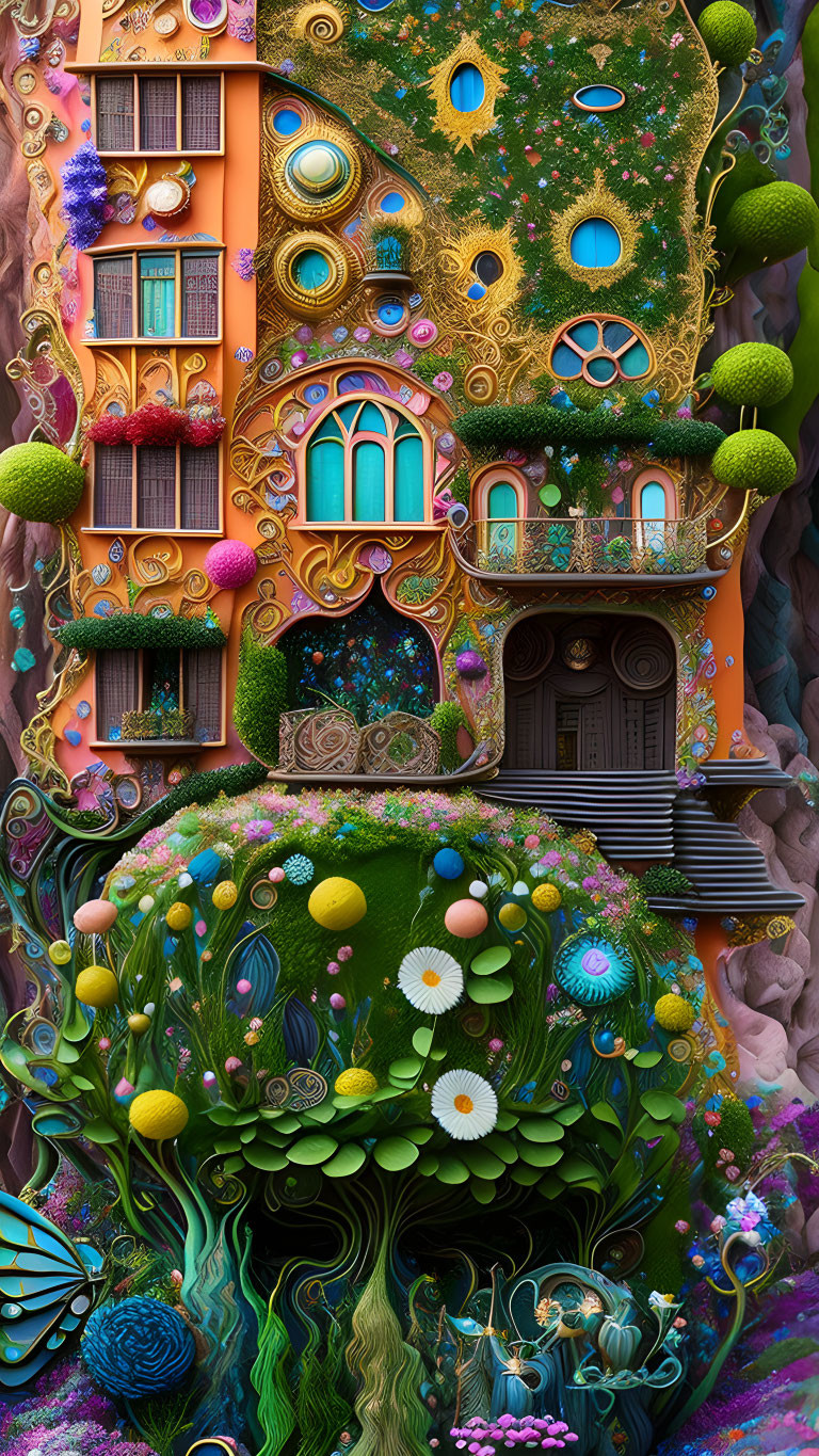 Whimsical building adorned with nature-inspired decorations