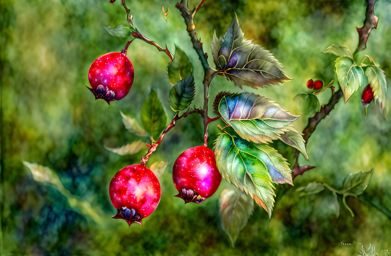 Vibrant red berries with dew drops on green shrub in forest setting