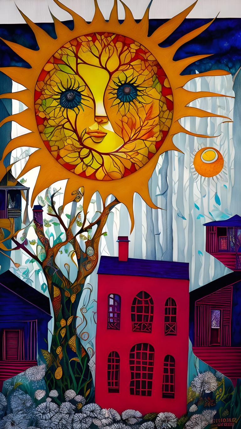 Colorful Artwork: Large Sun with Human Face, Whimsical Houses, Trees, and Sm