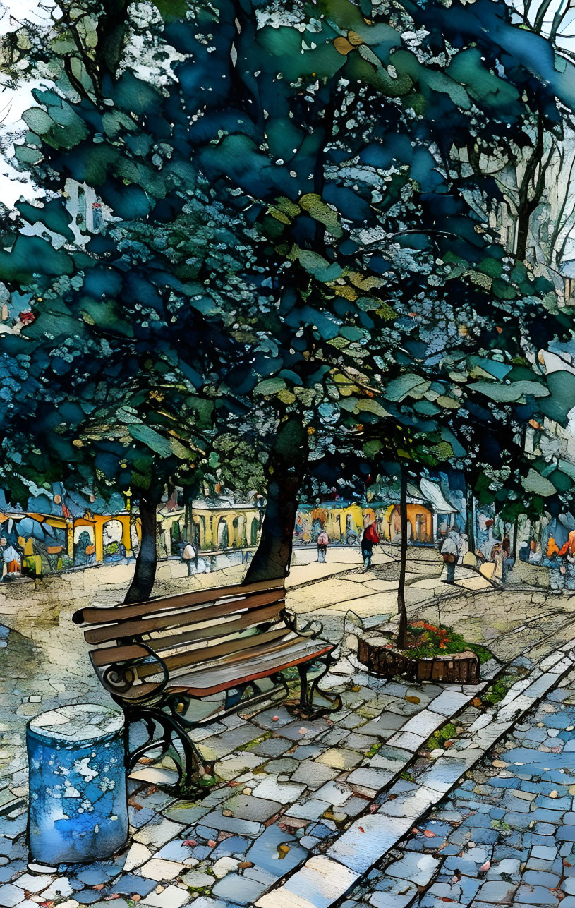 Vibrant watercolor park scene with bench, tree, cobblestone path, and strolling