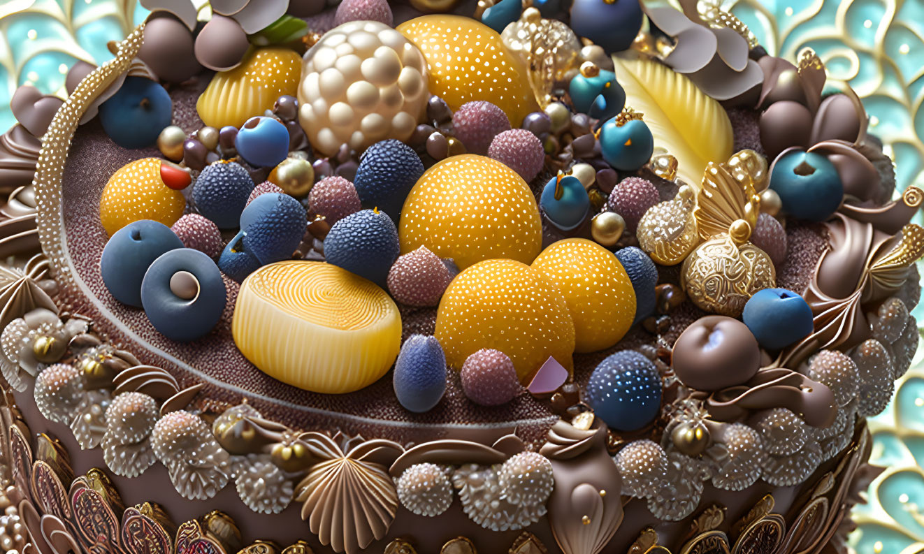 Ornate Digitally-Rendered Cake with Chocolate and Caramel Decorations