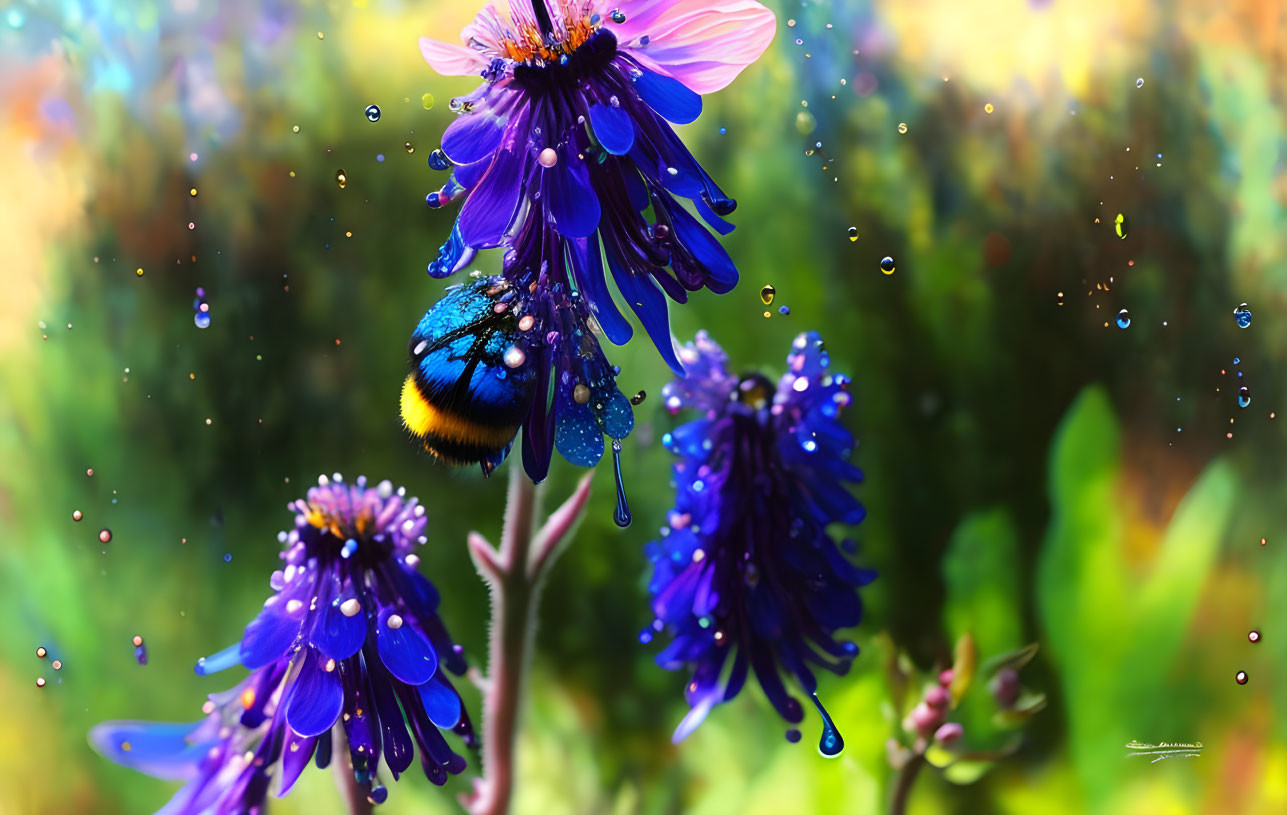 Iridescent bumblebee collecting nectar from purple flower in bokeh garden