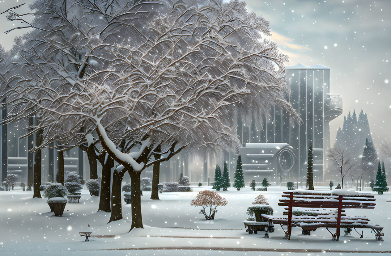 Snowy park scene with frosted trees, benches, and futuristic buildings in the background