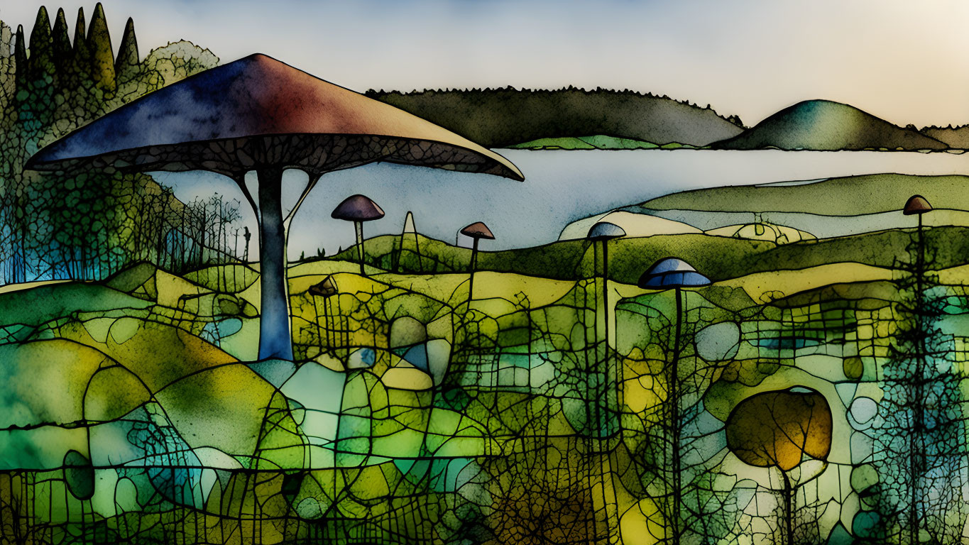 Colorful Landscape with Oversized Mushrooms and Rolling Hills