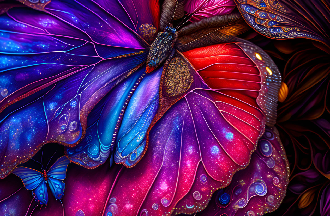 Colorful Butterfly Artwork with Cosmic Starry Wings and Floral Elements