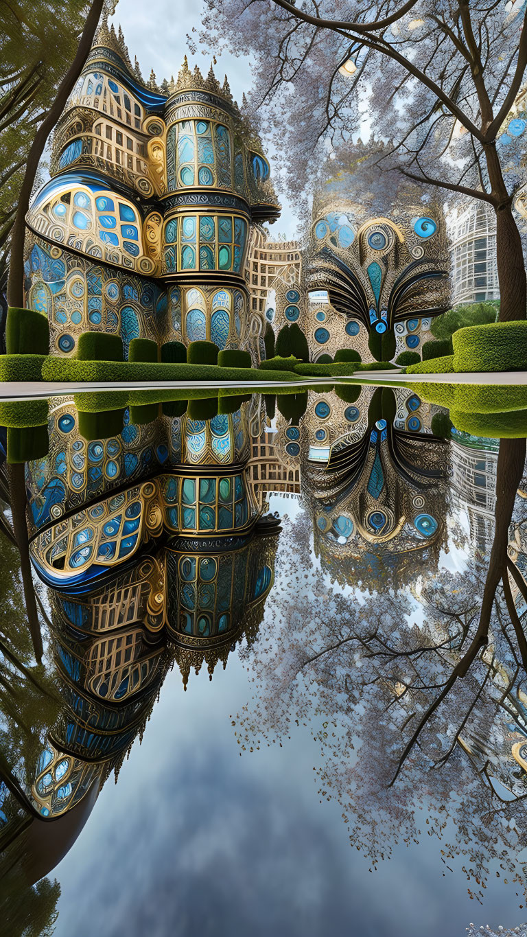 Ornate building with blue and gold patterns reflected in water among trees, skyscrapers, and