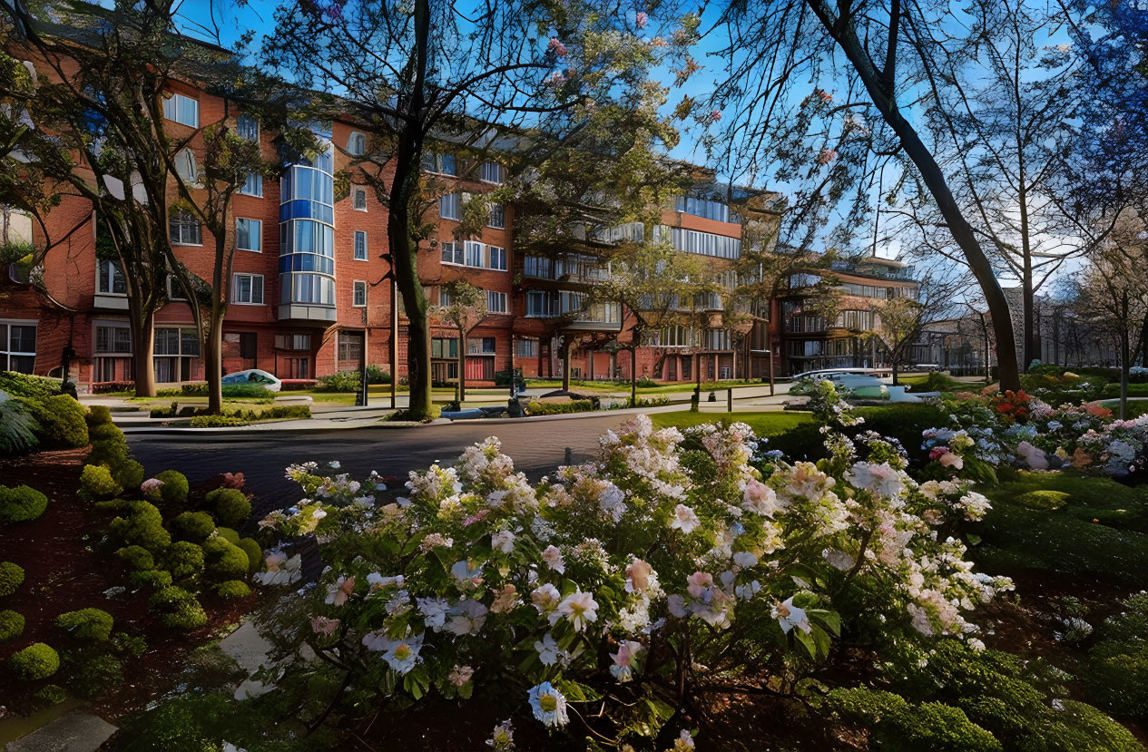 Tranquil urban garden with white flowers and modern brick apartment complex