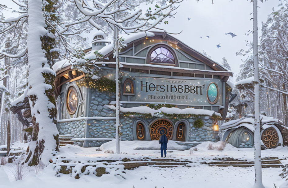 Whimsical snow-covered house with unique symbols and wintry trees