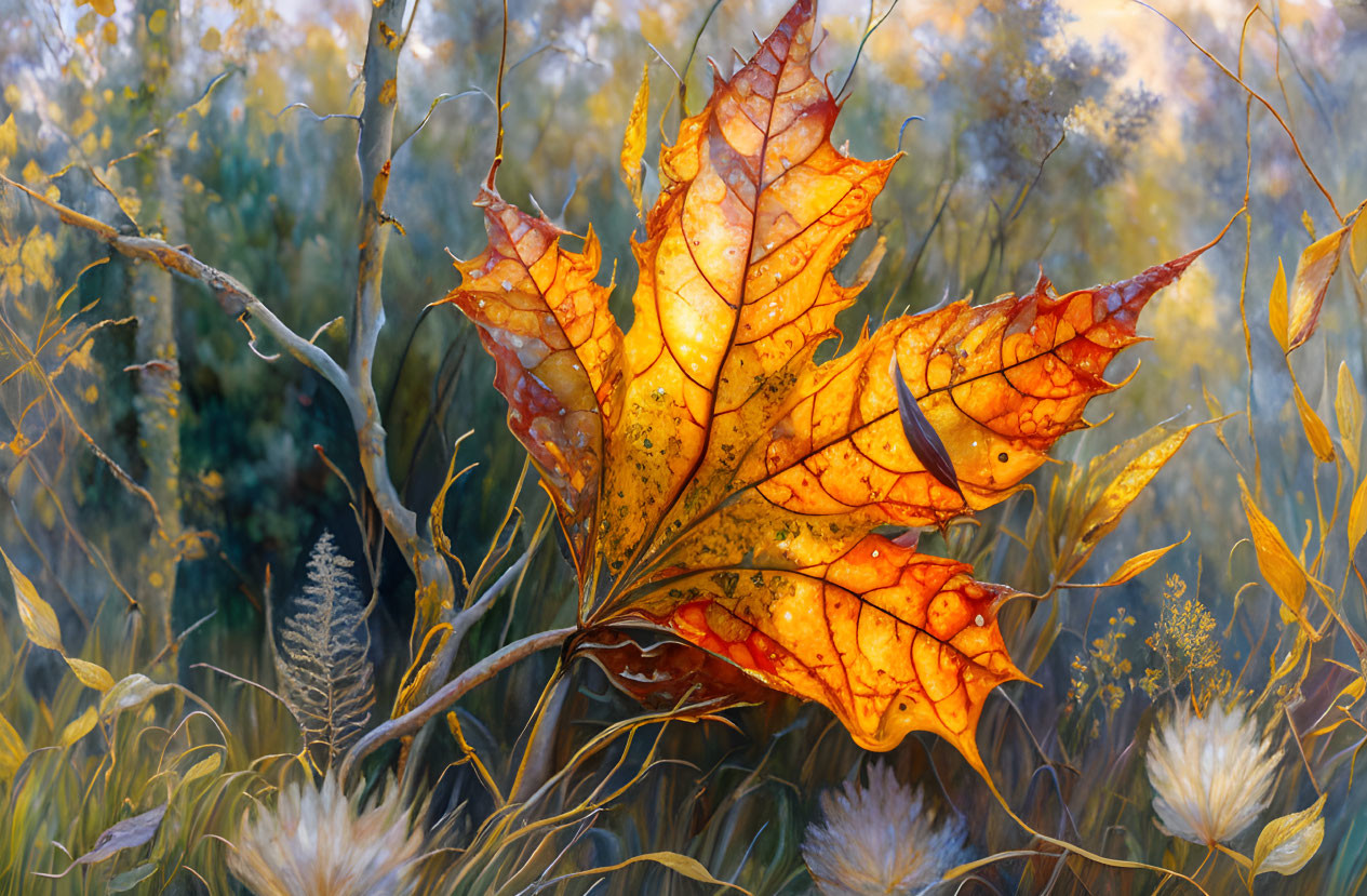 Vivid autumn leaf in orange and yellow with golden grasses in serene fall scenery