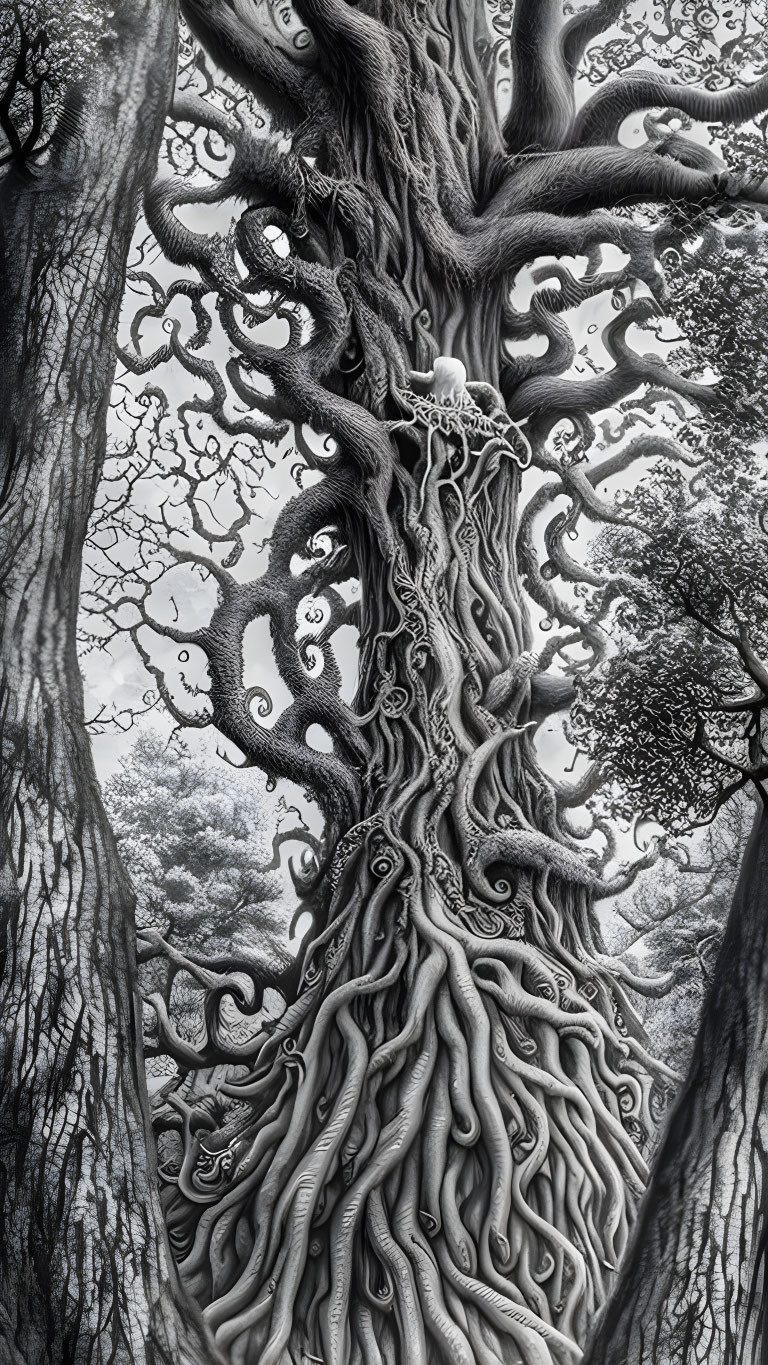 Detailed Monochrome Surreal Tree in Forest Setting